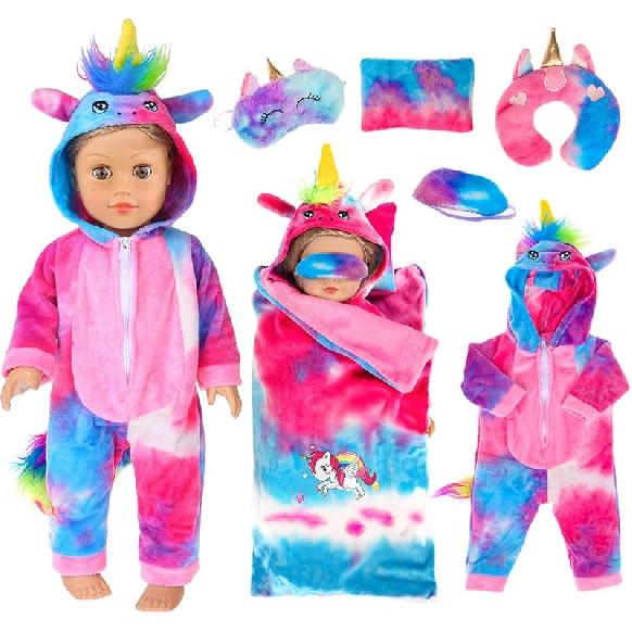 ebuddy 18 inch Doll Clothes 18 Inch Doll Accessories-Unicorn Doll Costume Colorful Tie-Dyed Pajamas Sleeping Bag Set for 18 inch Girl Doll,Most 18 Fashion Sets
