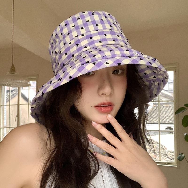 Ins Casual Love Plaid Big Eaves Sunscreen Bucket Hat Women's Fashion Versatile Face Small Thin Sun Hat