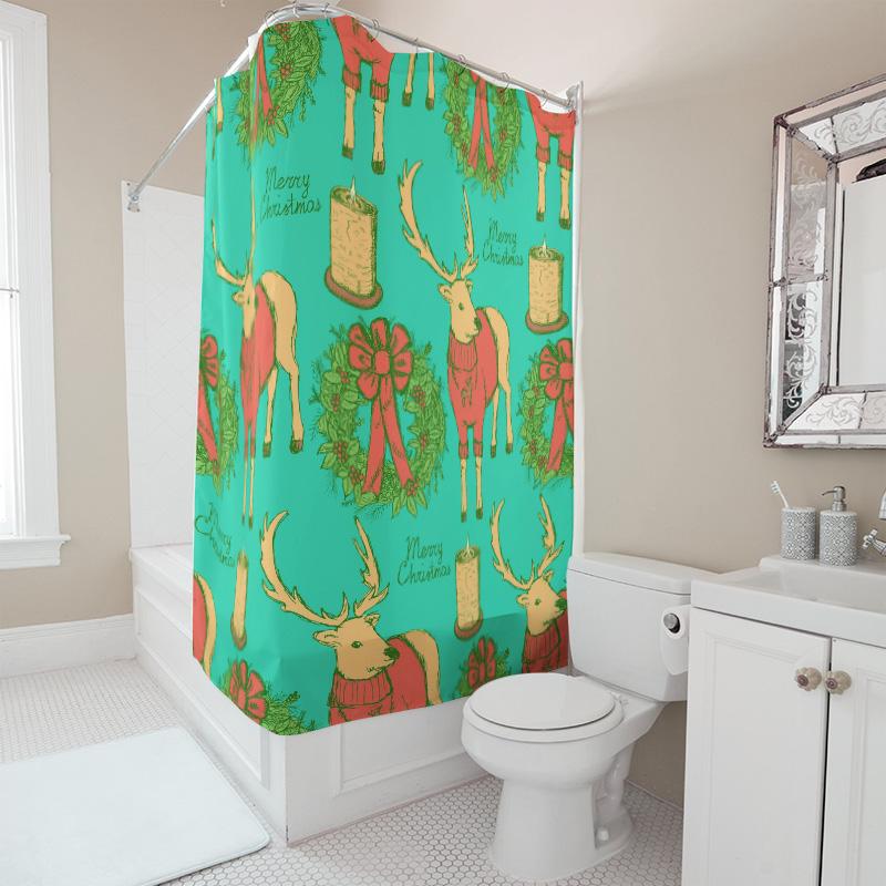TU Christmas Shower Curtain Festive Holiday Forest Trees Reindeer Pattern Waterproof Fabric Decor Bathroom Set