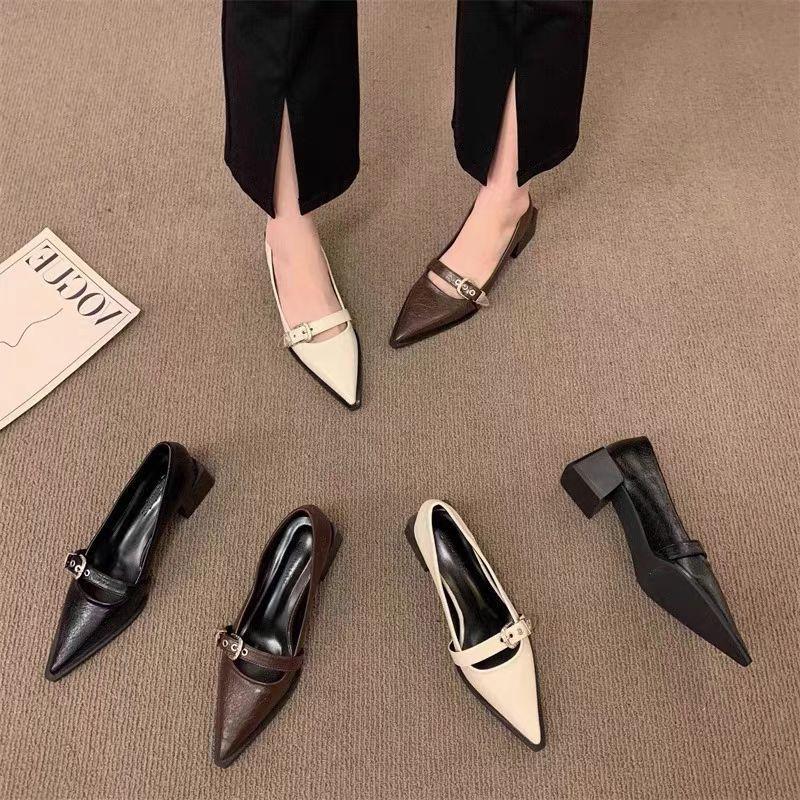 New large size high heels, new style pointed versatile one-word buckle with shallow thick heel single shoes