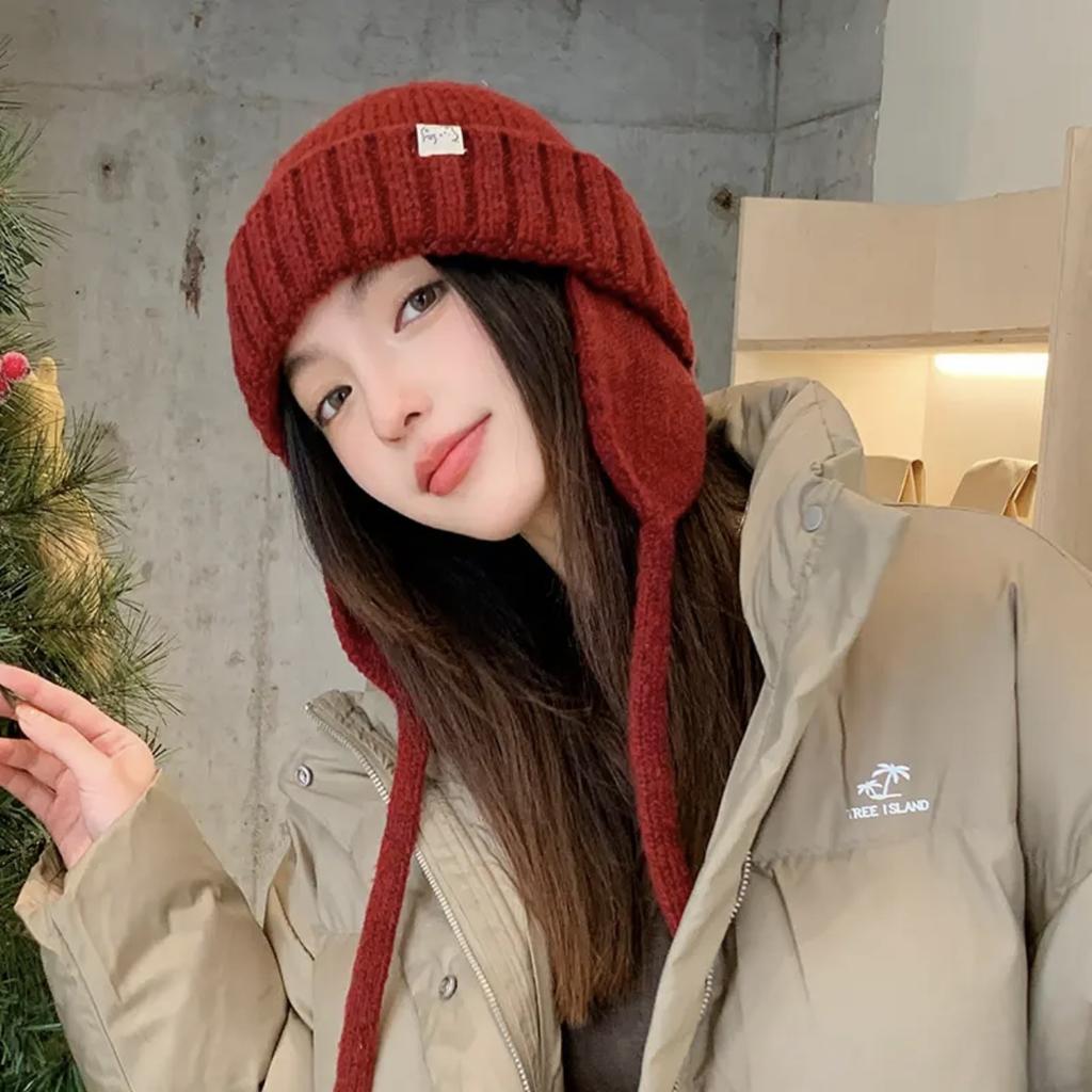 Autumn and Winter Warm Solid Color Ear Protection Knitted Hat Warm Woolen Hat Women's Casual Versatile Large Head Cold Hat Baotou Hat