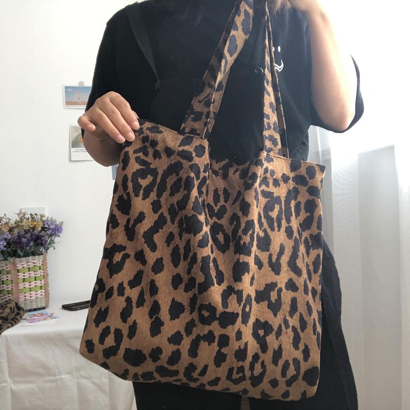 Simple Commuter Women's Vest Handbags Leopard Pattern Corduroy Female Large Tote Bag Casual Retro Ladies Cott Shoulder Bags