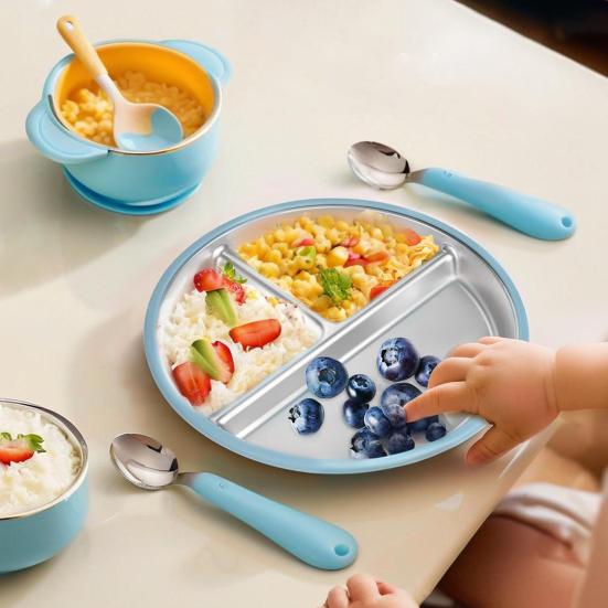 Divided Dining Plate with Suction Cups Stainless Steel Baby Plates Toddler Meal Tray Non-Slip Silicone Cover Heat-Insulated Feeding Tray