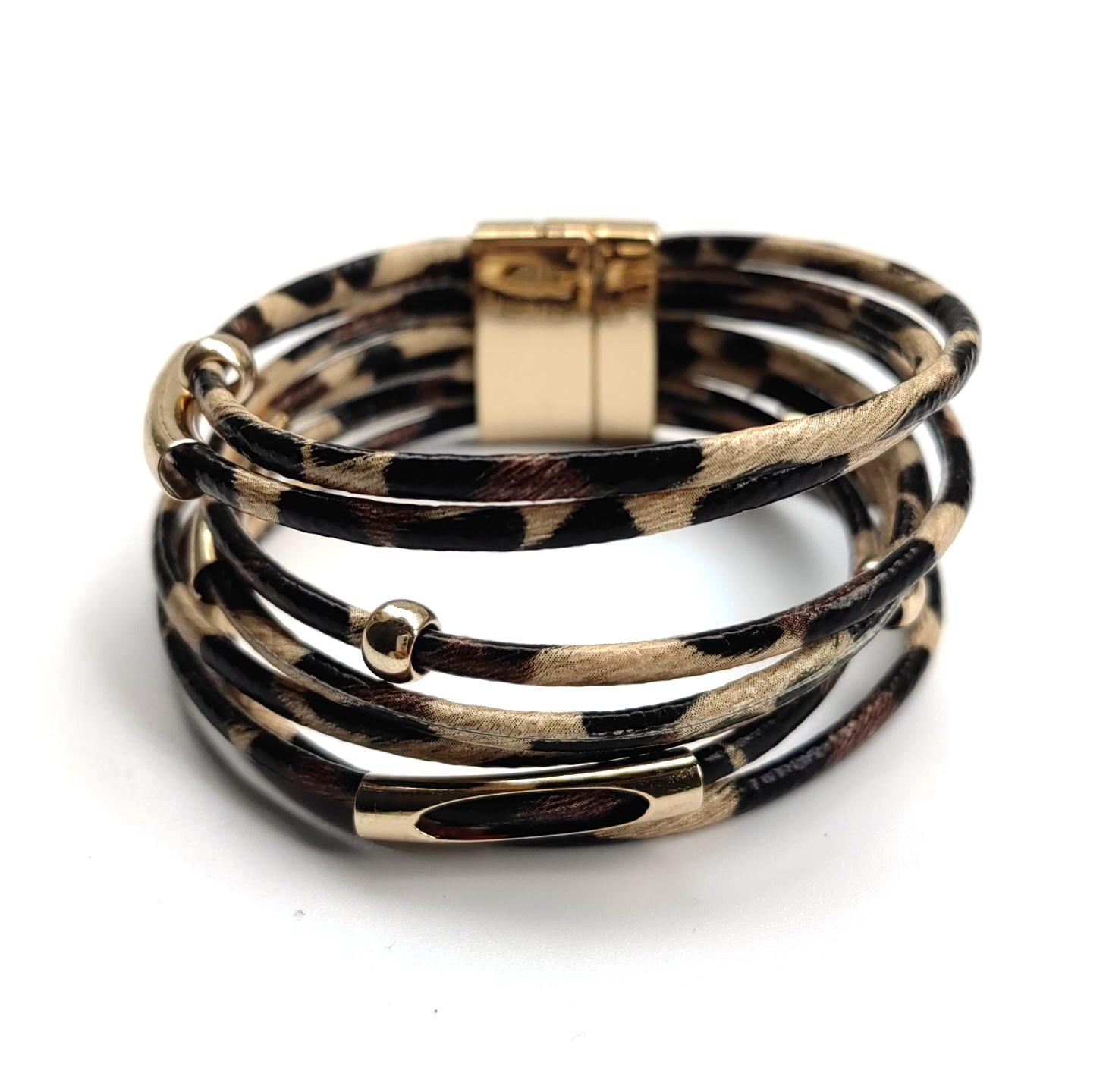 Leopard Print Beaded Leather Multi-Layer Bracelet with Magnetic Buckle