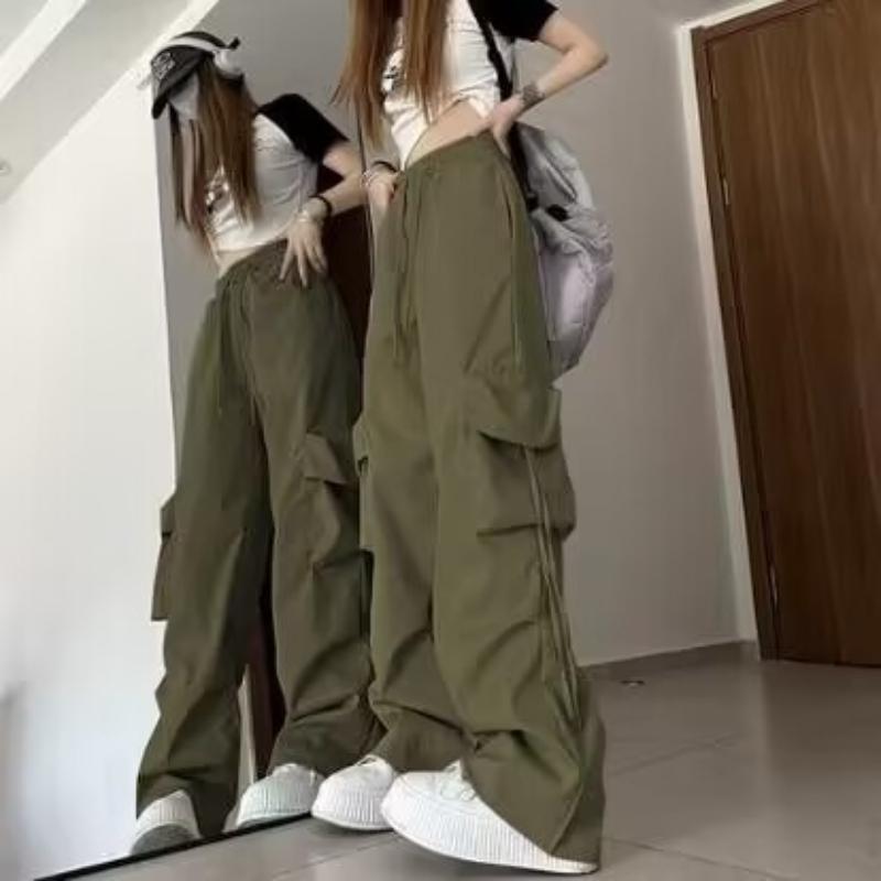 Women Korean High Waisted Slacks Lady Japanese Lace Up Cargo Trousers Female Yellow Pink Blue Black Joggers