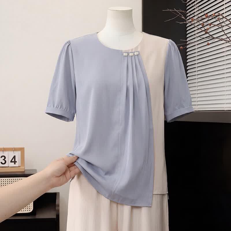 

Mid-Aged Women s Summer Color Block Faux Two-Piece T-Shirt 2XL