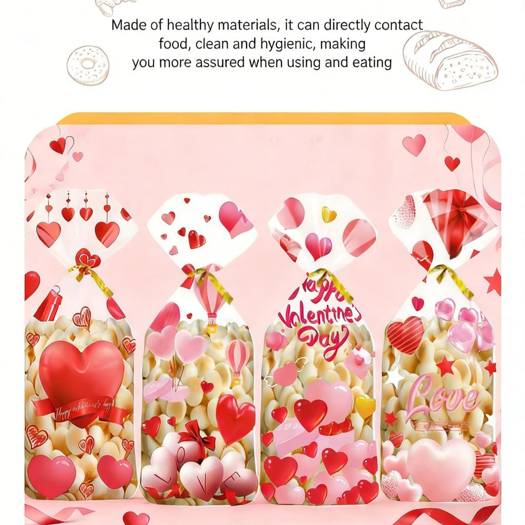 50Pcs Valentines Day Candy Bags Red Hearts Snacks Bags With Gold Ties Valentines Party Bags Happy Valentine’s Day Print Bags Wedding