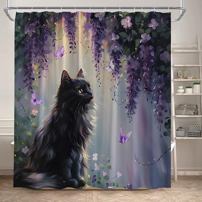 Cortina de Ducha Gato Místico y Glicinia - Antimoho, Impermeable, Decoración de Baño, Regalo Único, Diseño Elegante, Elegante