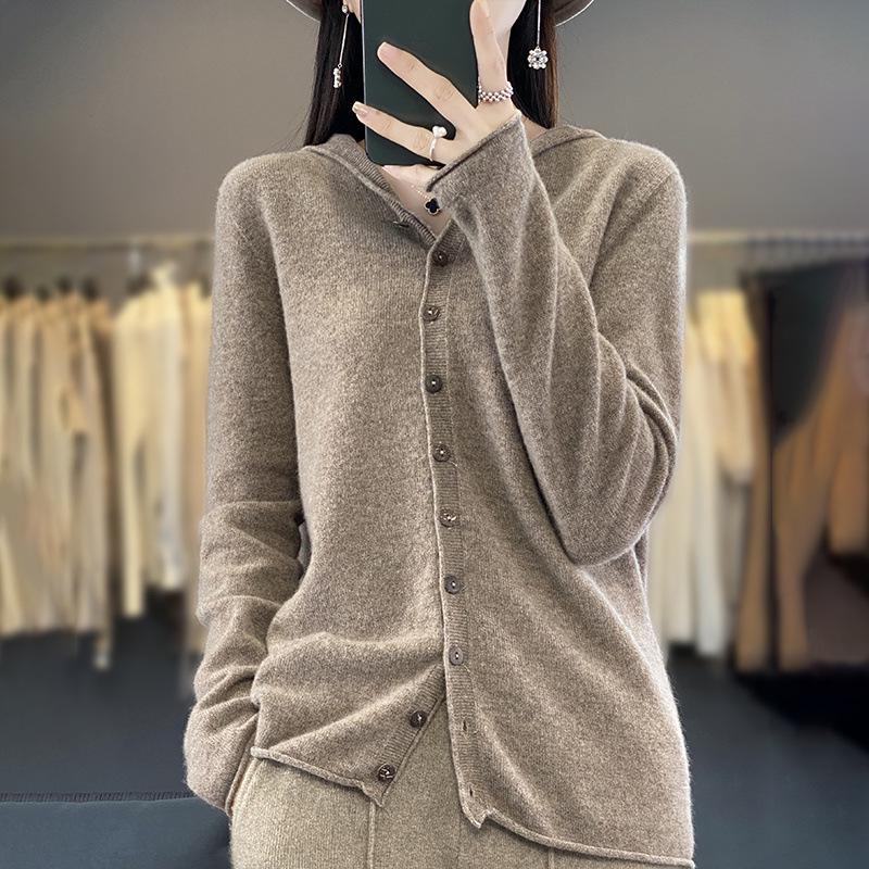 Women's Fashionable Pure Wool Cashmere Hoodie Cardigan - Autumn/Winter Knitwear Long Sleeve Loose Sweater.