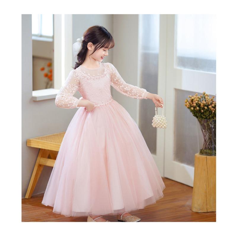 Kids Girls Long Sleeve Embroidered Tulle Puffy Formal Party Dress