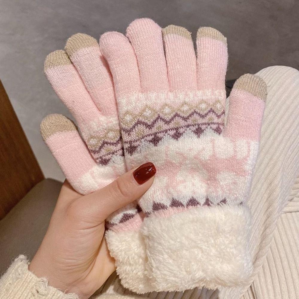 

Deer Christmas Knitted Gloves Wool Winter Mittens Simple Full Finger Gloves Autumn розовый