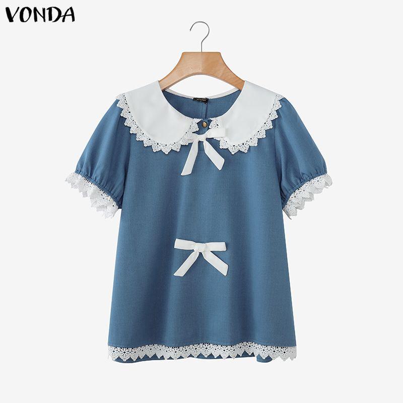 VONDA Elegant Women Turn Down Collar Lace Hem Bow Casual Short Sleeve Blouse