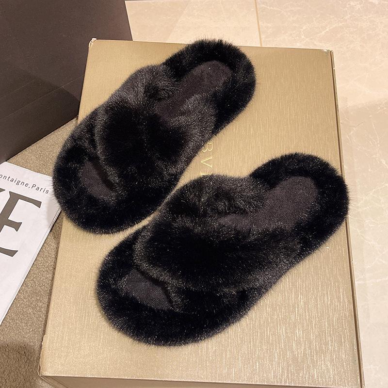 European goods heightened thick-soled fluffy slippers women wear high-end explosion spring and autumn chain Internet celebrity cross plush slippers