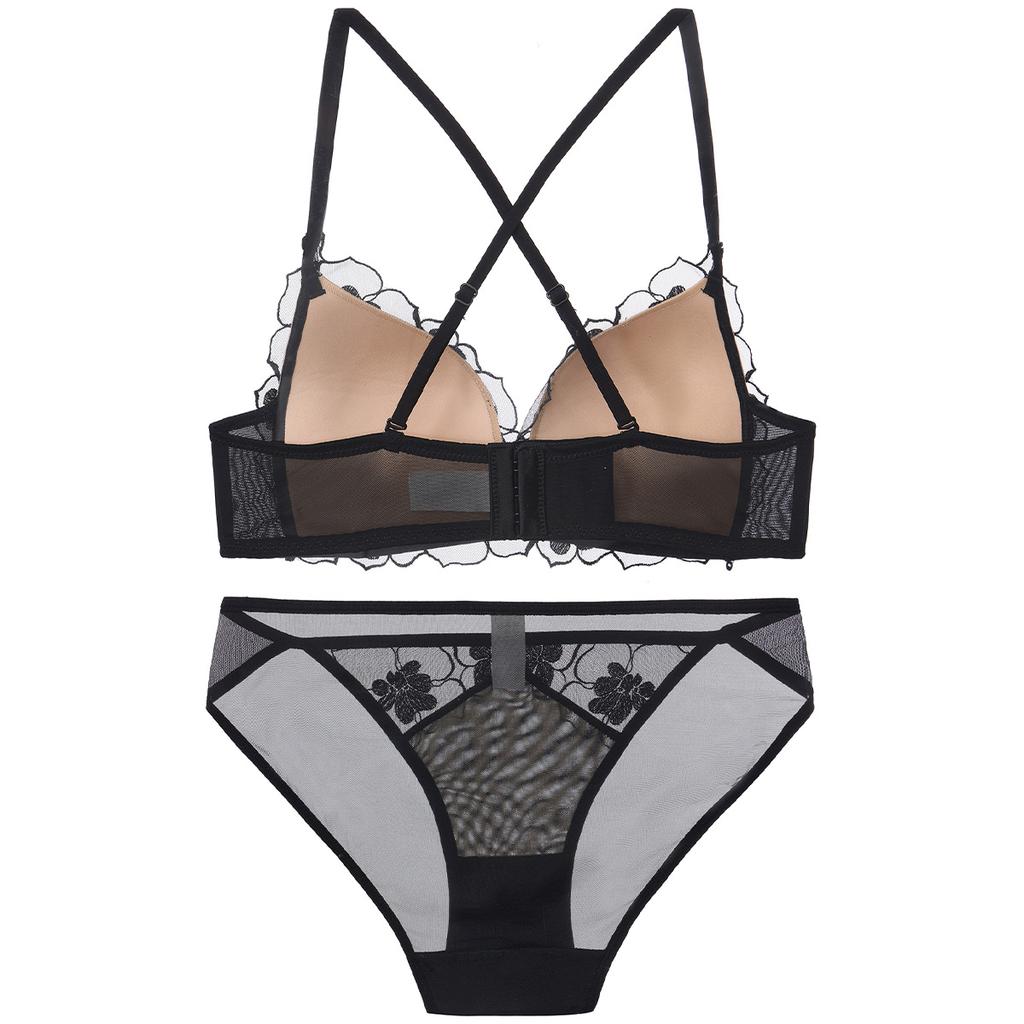 French sexy lace underwear summer pure desire cross beautiful back gathering underwear triangle cup no steel ring bra set