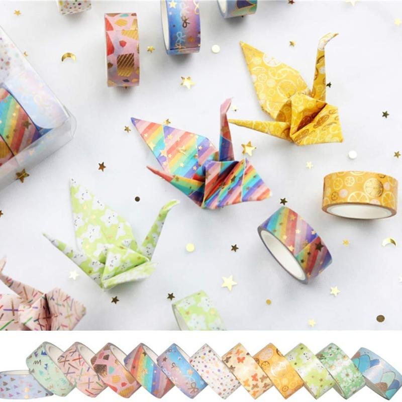 Set de rubans adhésifs décoratifs floraux dorés en aluminium pour Arts, Bricolage, Fournitures de Journal, Agendas, Scrapbooking, Emballage de Cartes/Cadeaux - 15 mm- ( 12 rouleaux)