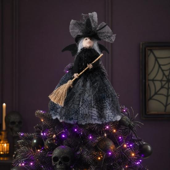 Halloween Witch Tree Topper Decoration Witch Holding Broom Ornament Witch with Mesh Spider