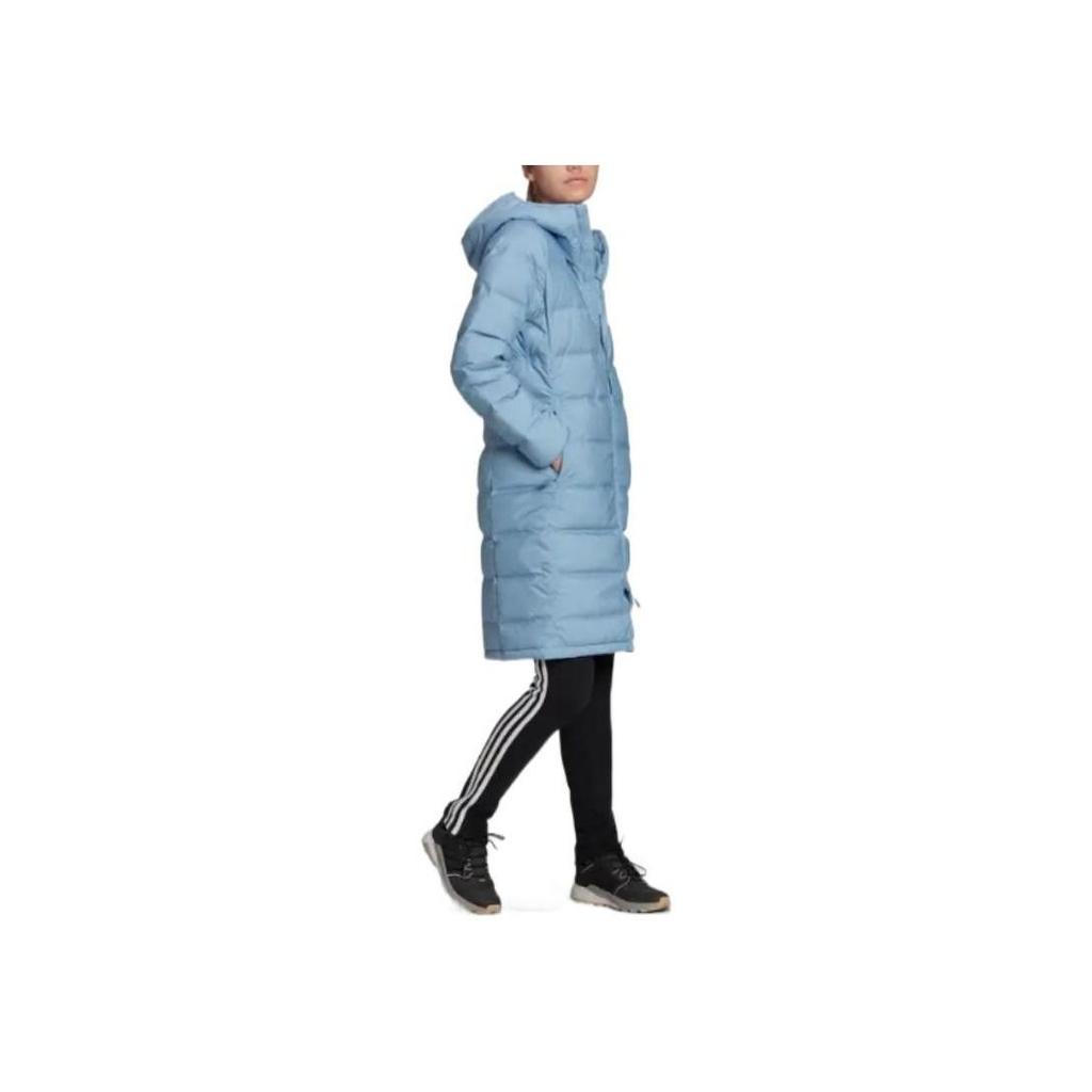 adidas Solid Color Logo Zip Outdoor Hooded Long Warm Down Jacket Women Outerwear Blue GQ7116
