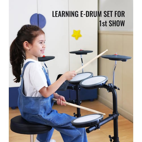MK-0 Mesh Electronic Drum Set with 4 Mesh Electronic Pads, 5-inch Kick Drum, 12 Kits and 68 Authentic Sounds, USB MIDI, Throne, Sticks, Headphones, an