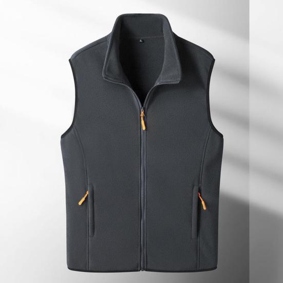 Men Winter Vest Stand Collar Solid Color Zipper Pockets Polar Fleece Cardigan Keep Warm Casual Style Winter Jacket Men Vest Coat for Fishing Hiking