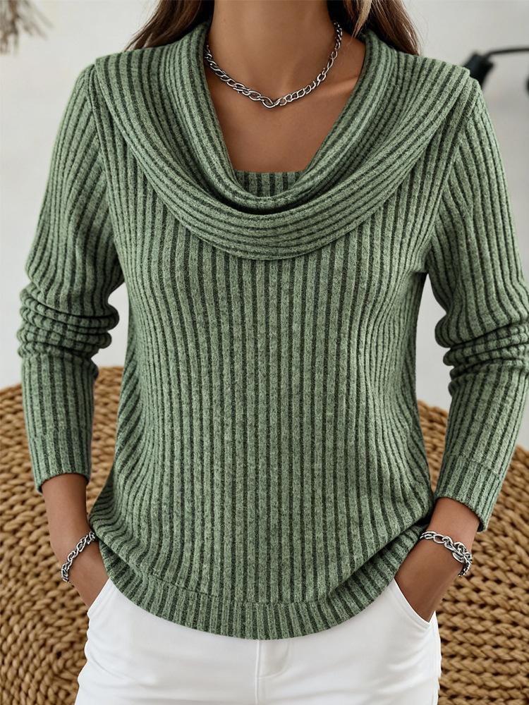 Women s Cowl Neck Long Sleeve Knit Top Regular Fit Vintage Ribbed Pullover Sweater S
