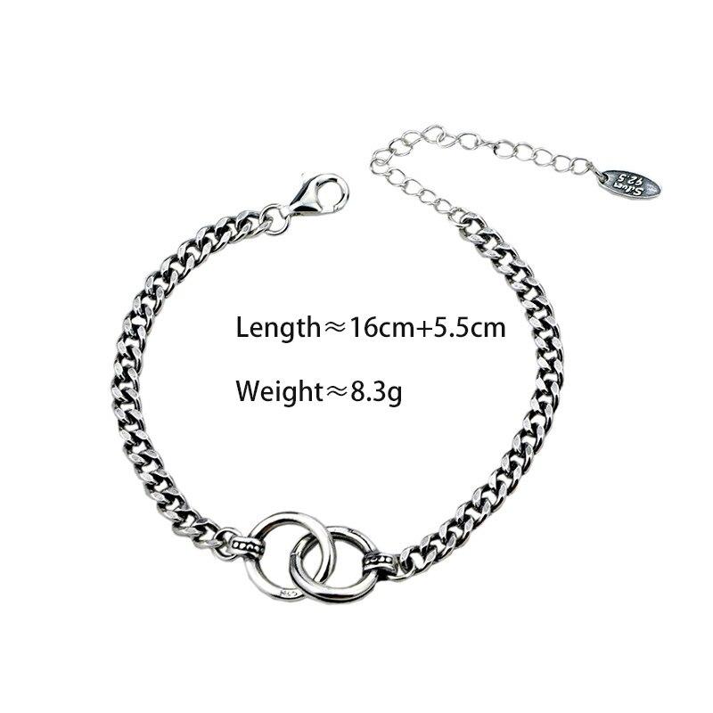 Hip Hop Jewelry Double Circle Thai Silver Color Bracelet Handmade Thick Chain Couple Bracelet For Men Women S -B413