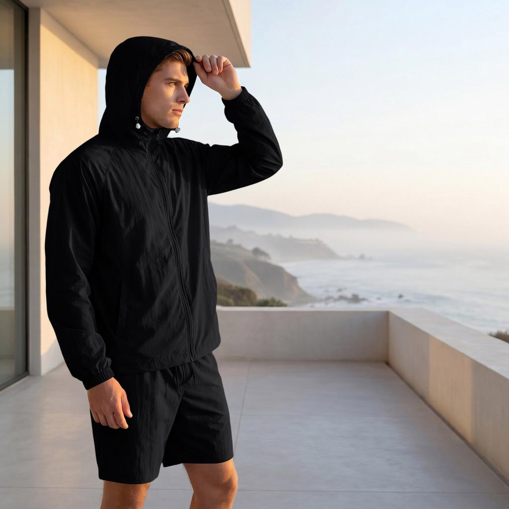 Men's Quick Dry Hooded Sun Shirt and Shorts Set Lightweight Athletic Two Piece Sportswear