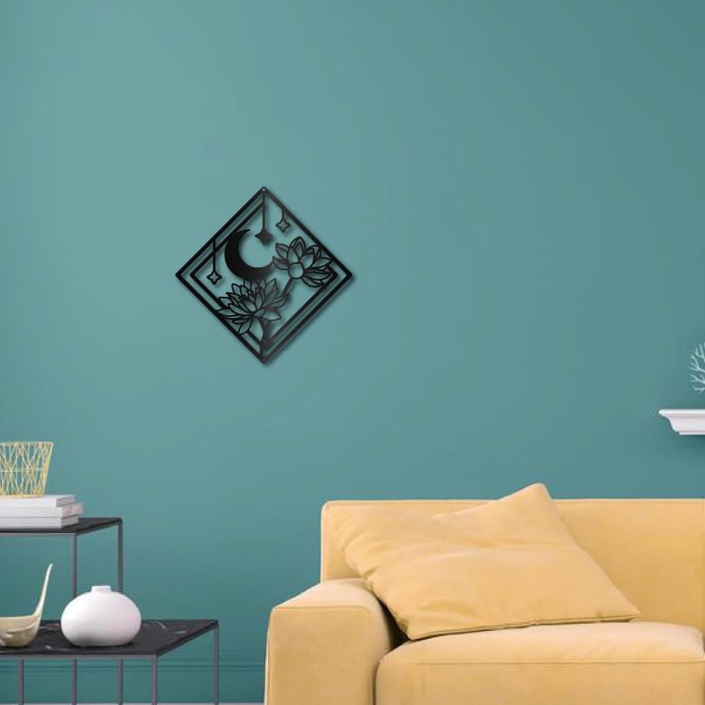 Black Metal Lotus Flower Wall Art Moon Star Square Sculpture Modern Home Decor Indoor Outdoor 11.8x11.8 Inch