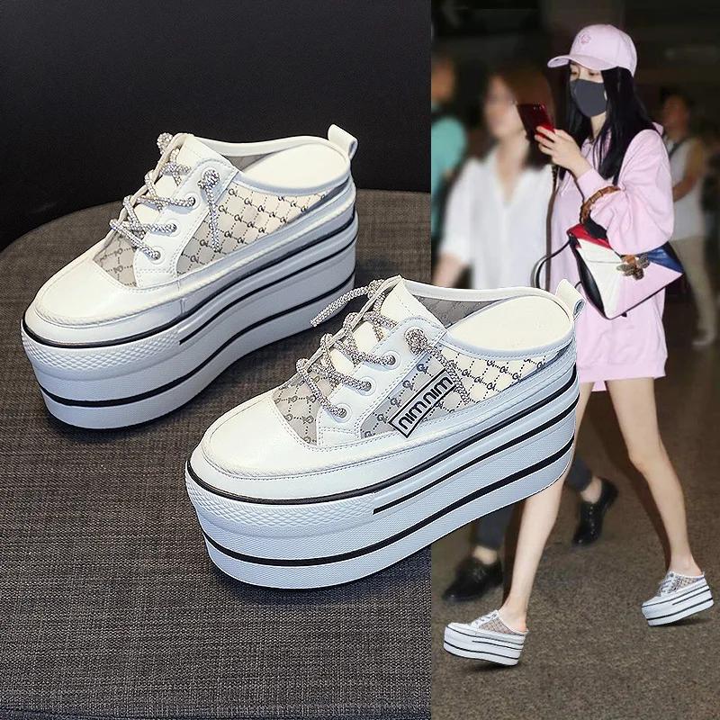 Fashion Genuine Leather 11cm Platform Slippers Wedge Shoes Summer Women High Heel Slip on Slides Sandals Women Summer Shoes 2024