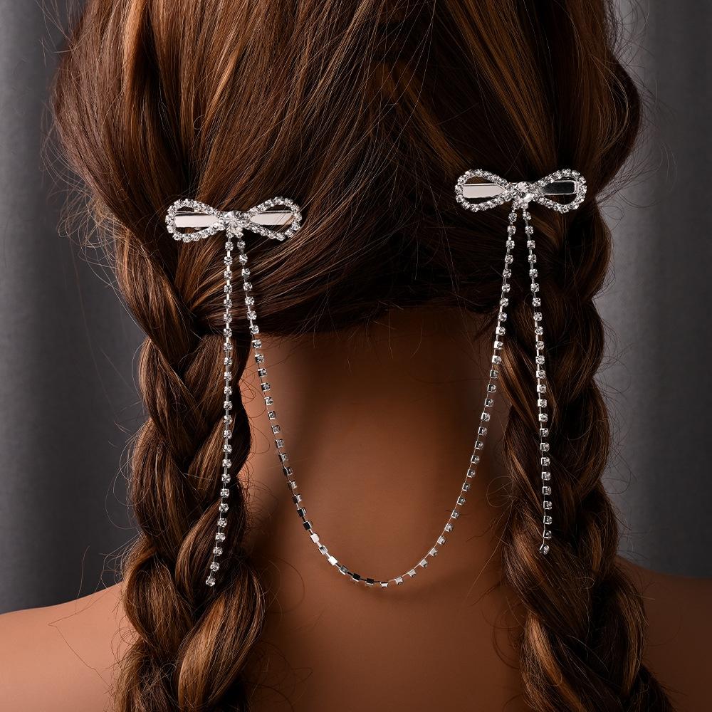 Premium Bow Pendant Hair Chain Niche Simple Rhinestone Tassel Hairpin Headgear Women S Headdress серебряный