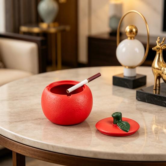 Simulated Fruit Ashtray with Lid Heat-resistant Resin Persimmon Ash Holder Ornament Home Office Outdoor Decorative Ash