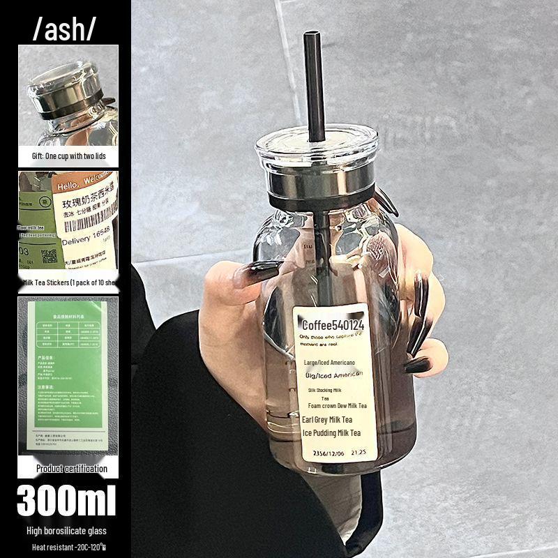 Double-Lid High Borosilicate Glass Travel Cup with Leather Sleeve