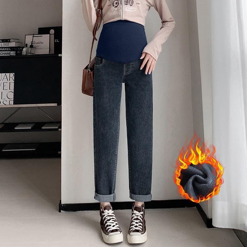 

8 бархатные джинсы для беременных, зимние брюки папы, утепленные термобрюки с поддержкой живота, повседневные модные мамины брюки 2XL