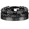 Men's Black Braided Bracelet Set with Double Leopard Heads and Roman Numerals, European & American Retro Style, Stainless Steel.