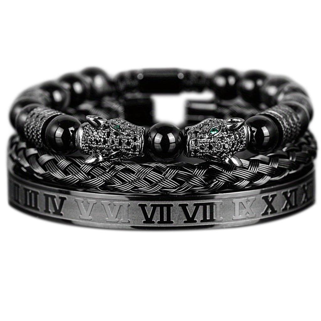 Men's Black Braided Bracelet Set with Double Leopard Heads and Roman Numerals, European & American Retro Style, Stainless Steel.