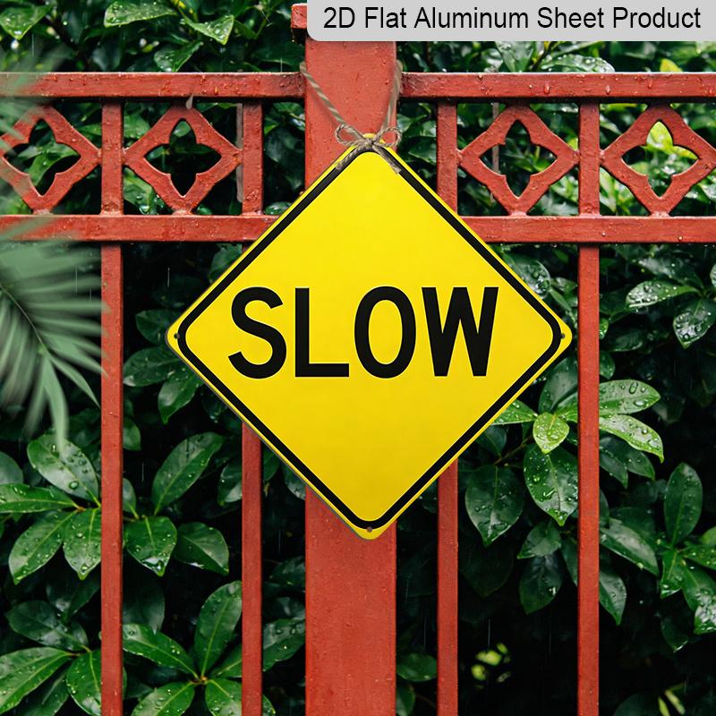 2D Flat, 1pc, "SLOW" Aluminum Warning Sign, Heavy Duty Weatherproof Metal Plaque, Slow Down Traffic Control Sign for Driveway, Street, Neighborhood