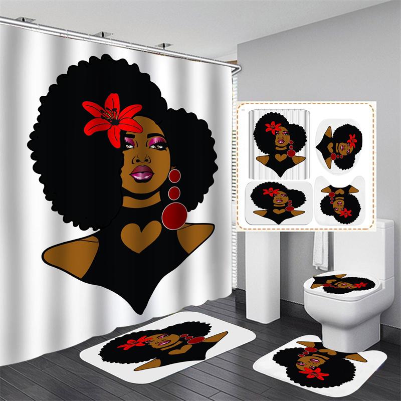 Afroamericano Afro Sexy Chica Negra Mujeres Arte Diseño Arte Graffiti Juego de Cortinas de Ducha para Baño Alfombrillas Alfombras Tapa de Inodoro Poliéster con Ganchos