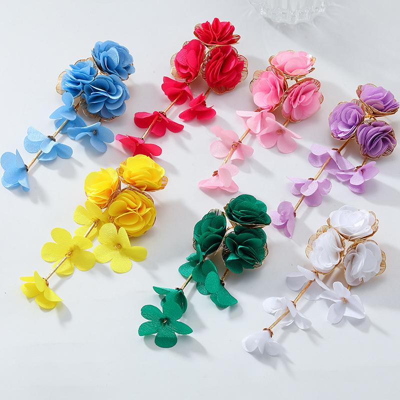 Sommer Chiffon Blumen Quasten Ohrringe für Frauen Urlaubsstil Übertrieben Süße Hängeohrringe Schmuck Accessoires Geschenke