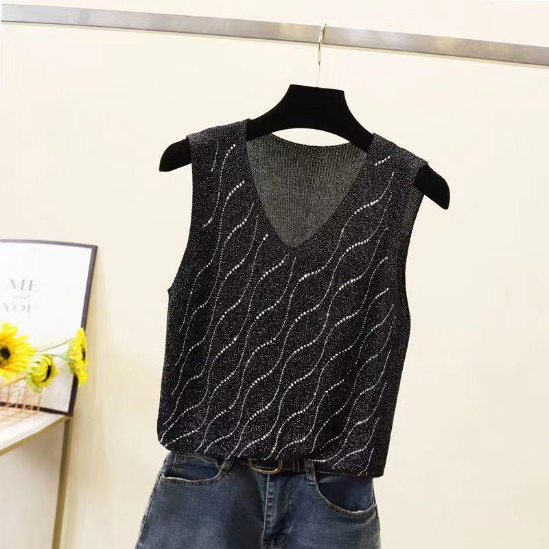 2023 Shiny Silk Sleeveless V-Neck Women's Vest - Spring/Summer New Style, Loose Fit with Hot Diamond Sling Knitted Design