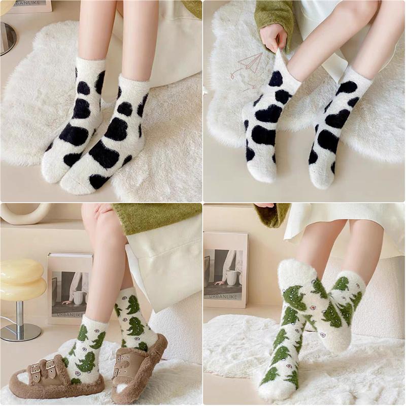 Jesień Zima Urocze Paski Krowie Wzór Dinozaura Wyściełane Skarpety Pluszowe Skarpety Nakrapiane Pluszowe Pogrubione Wygodne Skarpety do Połowy Łydki