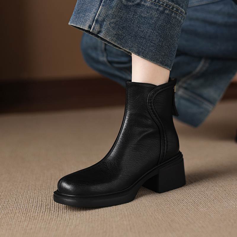 Krazing Pot Cow Skin Round Toe Thick Heels Chelsea Boots Size 42 Back Zip Women Keep Warm Ankle Boots