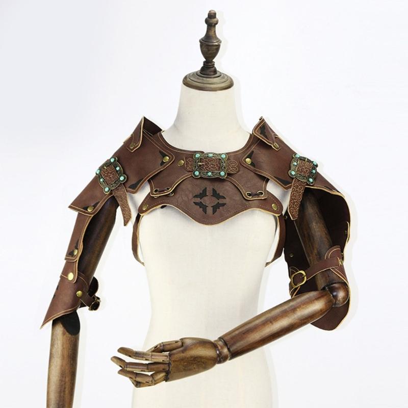 Medieval Faux PU Leathers Costume Armour Halloween Cosplay Warrior Armors Shoulder Armour, Double Shoulder Guard Harness