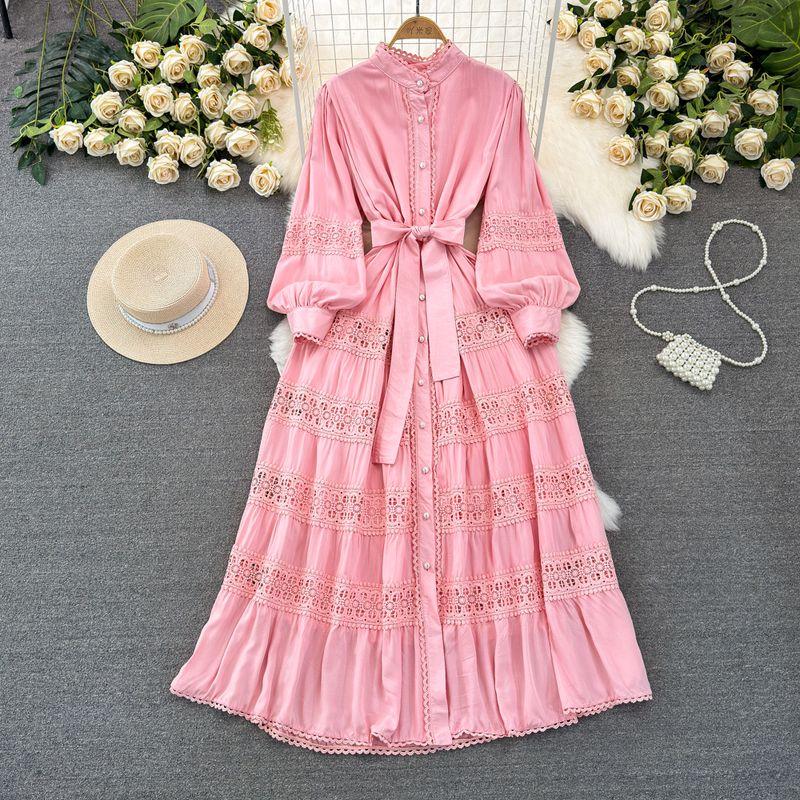 

Fashion Lantern Long Sleeve Lace Stitching Big Swing Dress Pink All yards