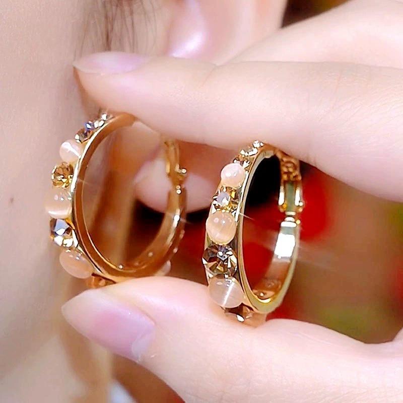 1PAIR Coffee Flash Diamond Opal Earrings Round Face Tiancai Skinny Earrings Premium Temperament Ear Buckles Earrings