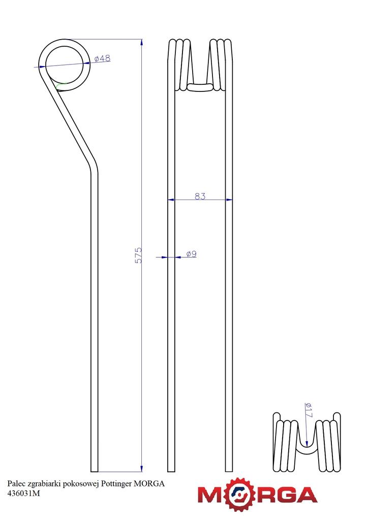 Tine for the 436031 Pottinger Swath Rake/tedder FI-9mm -575mm Powder Coated MORGA