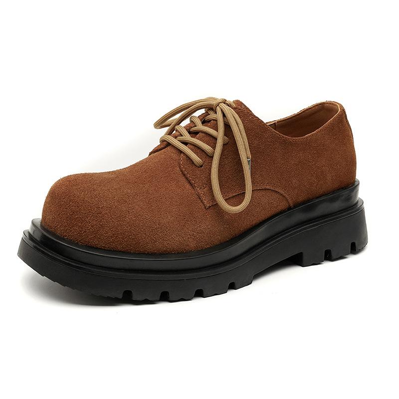 2024 brown flip fur round head derby shoes men's casual leather shoes platform big head shoes 24224-E