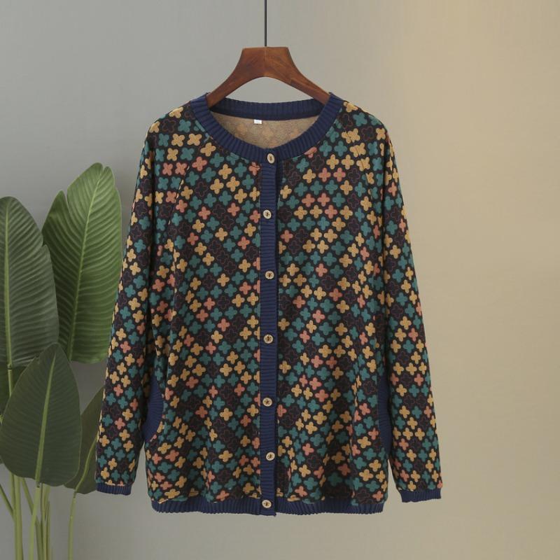 Middle-aged Elderly Spring and Autumn Sweater Knitted Cardigan Jacket Female Mother Embroidered Crew Neck Comfortable Top Old Lady