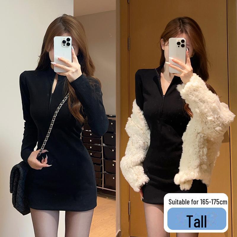 2025 New Women's Black Knitted Long-Sleeve Dress – Trendy, Slim-Fit Short Skirt for Spring & Autumn