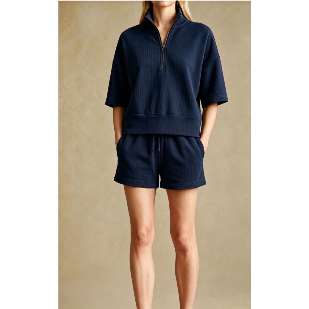 Women's Loose Tracksuit Half Zip Short Sleeve Sweatshirt Drawstring Waist Shorts