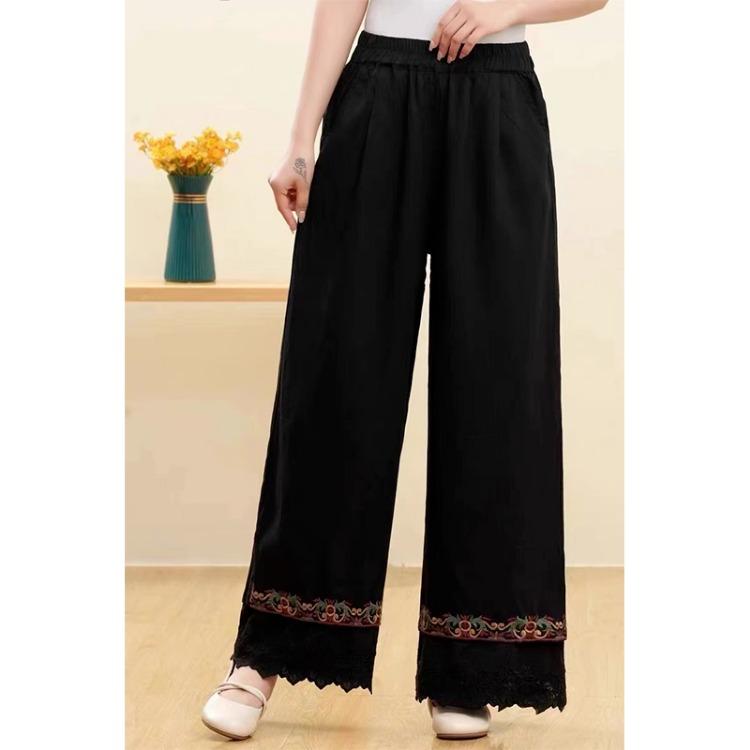 Damen Retro Bestickte Lässige Weitbein Hose Sommer Baumwoll- und Leinenhose Locker Gerade Bein Hose