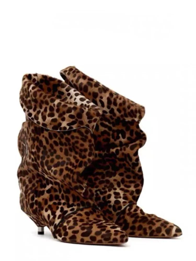 European and American Women's New Pointed Pleated 5cm Thin Heel Fringed Calf Boots, Knight Boots, Plus Size Mid Length Boots